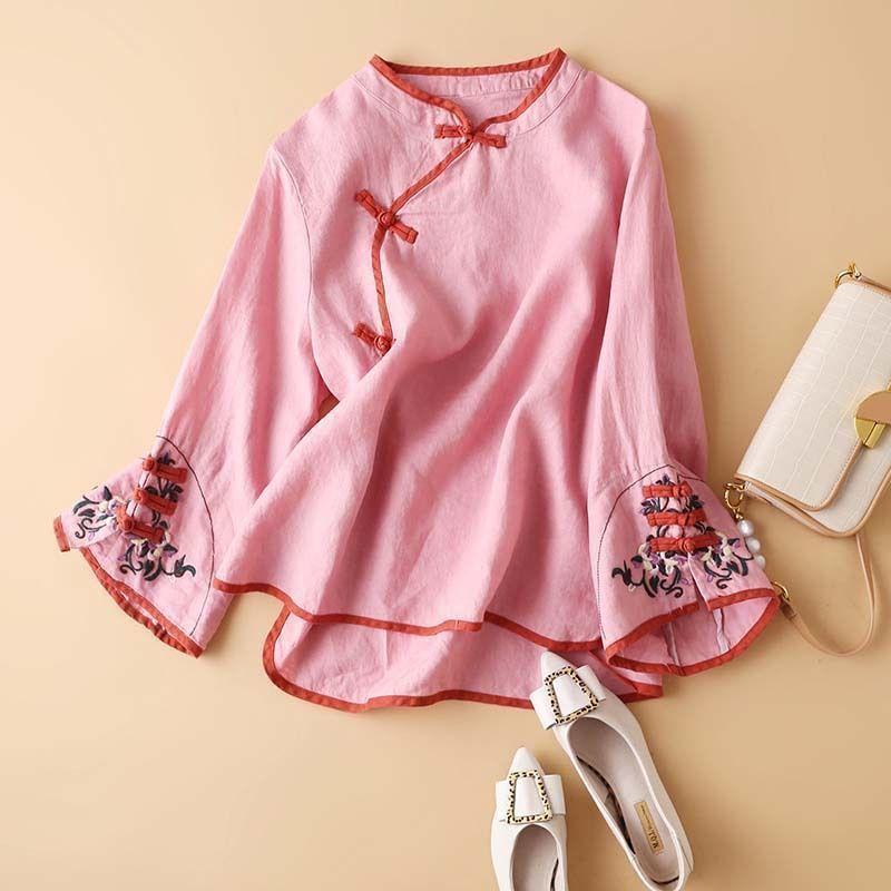 Весенняя женская блузка на пуговицах в китайском стиле с наклонной планкой и пуговицами, свободная рубашка с вышивкой, весна 2024 года