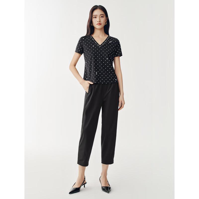 JUZUI Women's Polka Dot Slim Fit Short Sleeve V-Neck T-Shirt JWGX83312