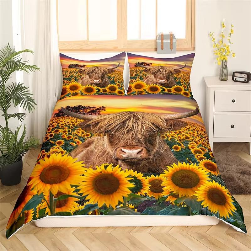 Kids Highland Cattle Flower Duvet Cover Set Farm Animal Bull Cow Comforter Cover Microfiber Western Cowboy Twin King Bedding Set