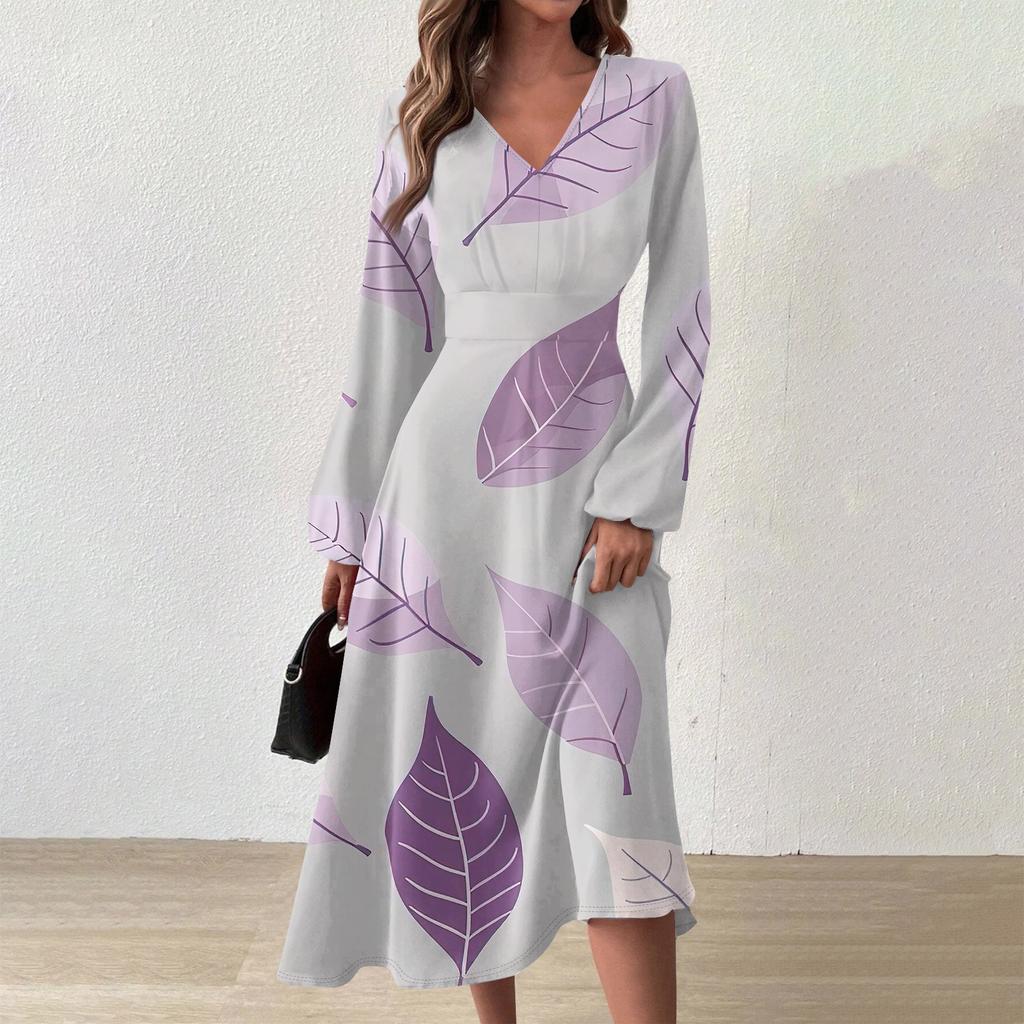 Женское осенне-зимнее повседневное модное длинное платье с v-образным вырезом и длинным рукавом с принтом дефолиации