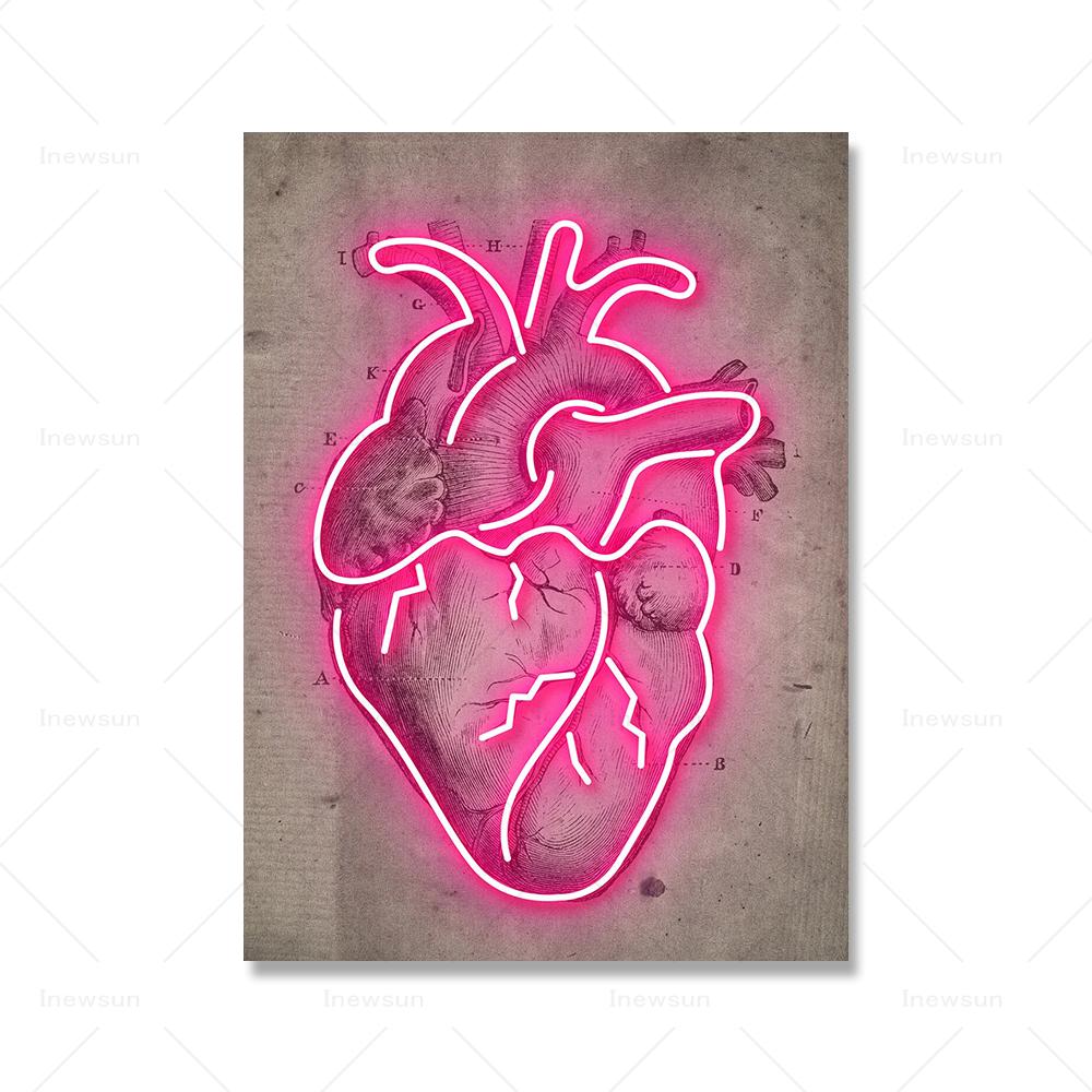 Неоновый скелет, винтажная диаграмма, художественный принт, медицинский плакат, современное неоновое сердце, холст, картина, доктор, офисная комната, настенные панно, Декор