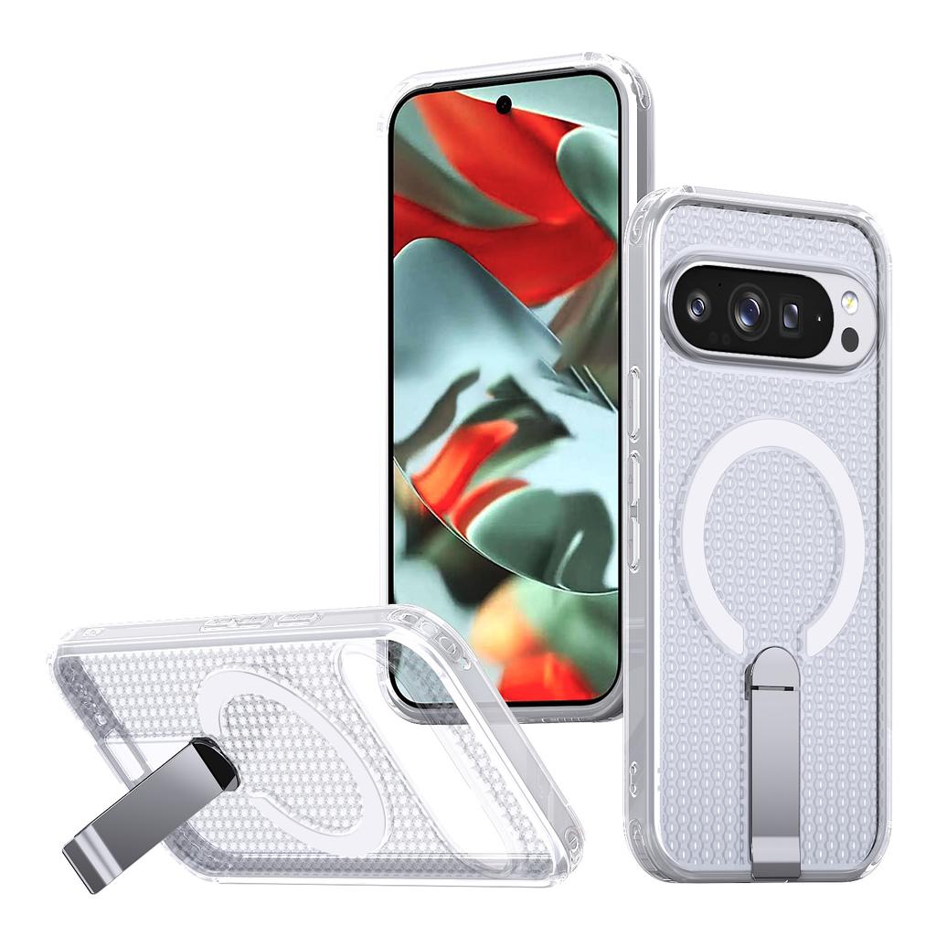 For Google Pixel 10 Pro XL Magnetic Case Kickstand Grid Texture TPU PC Phone Back Cover