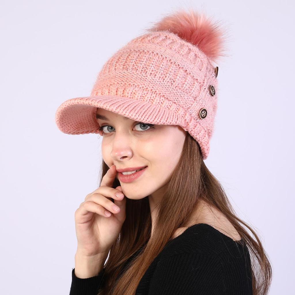Plush Button Women Autumn Winter Thickened Warm Duck Tongue Big Ball Knitted Hat