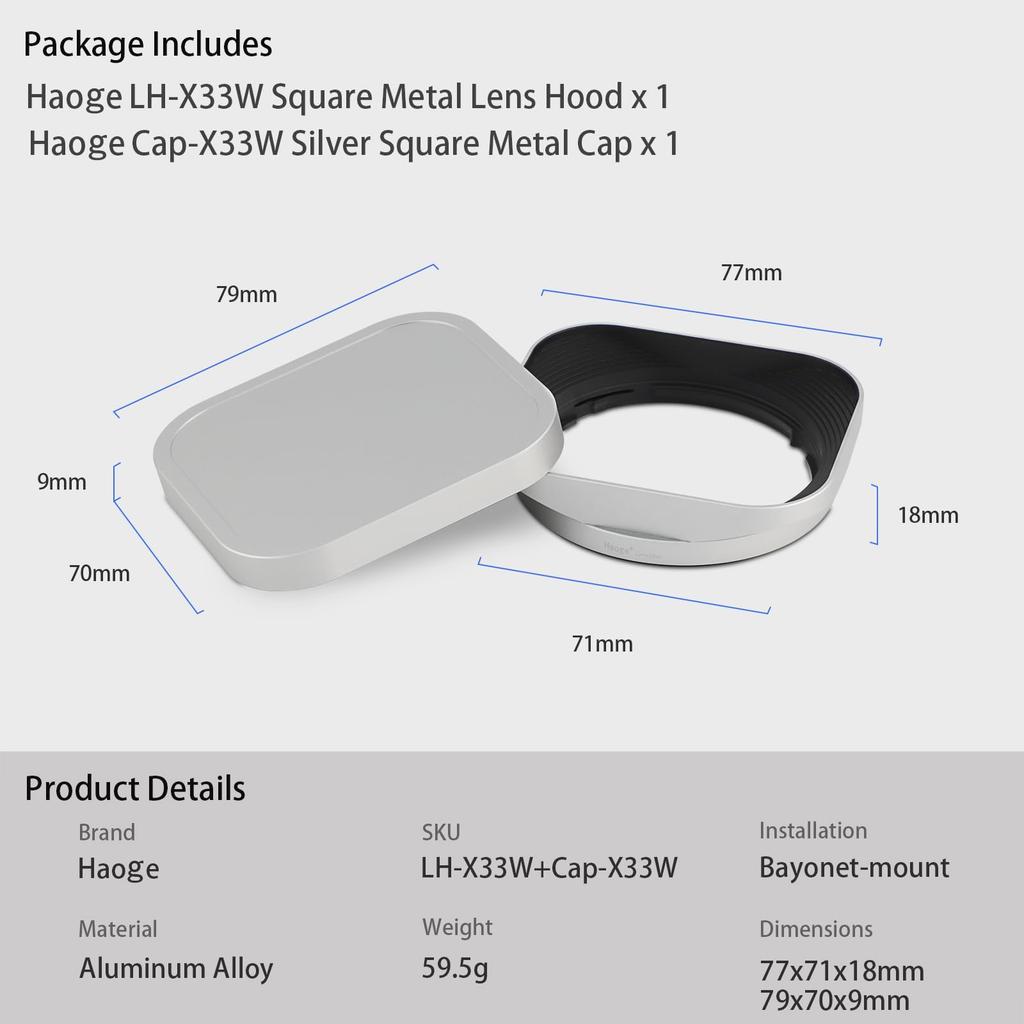 Haoge Silver Metal Square Lens Hood for Fujifilm XF33mm R WR Fujinon XF Fuji XF 23mm R LM WR Lens Hood Shade Bayonet Mount F1.4 Lens, 16-50mm, F/1.4