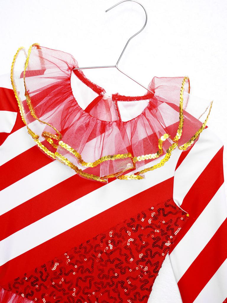 Рождественский танцевальный комбинезон для девочек, полосатое трико с пайетками, сетчатая вставка, круглый вырез, длинный рукав