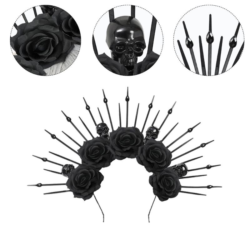 Rose Floral Crown Hair Skull Spiked Headbands Bride Flower Crown Halloween