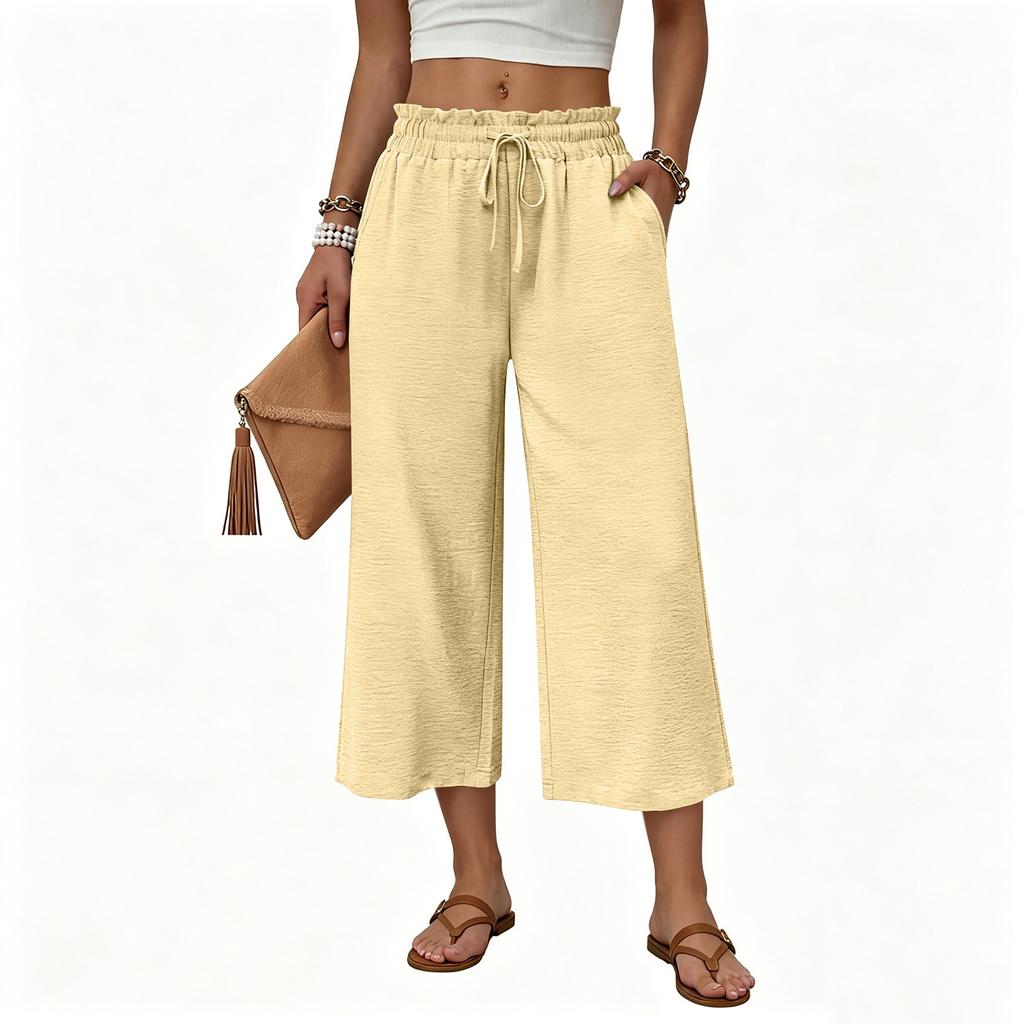Women's Casual Loose-Fit High-Waisted Cotton-Linen Cropped Pants With Side Pockets