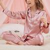 Children's Satin-Like Ice Silk Pajama Set - Solid Color, Long-Sleeved, Lightweight, Two-Piece for Girls
