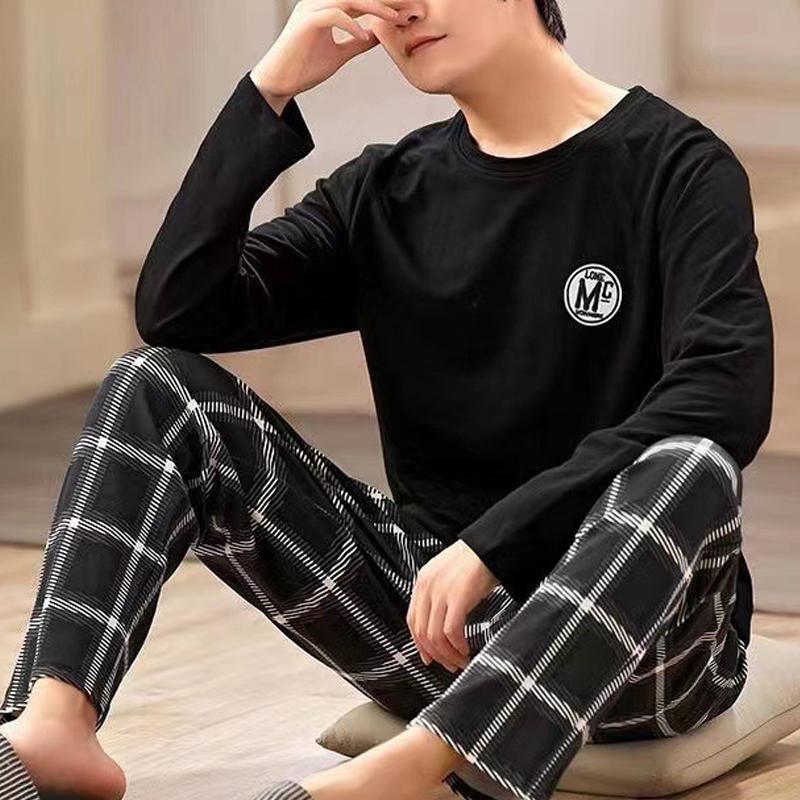 Pajamas Men Autumn Long-Sleeved Cotton Autumn and Winter Can Be Worn Outside The Casual Large Size Loose Grey Striped Homewear