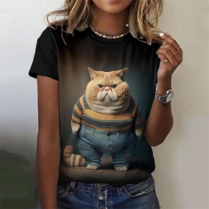 Летний топ с круглым вырезом и принтом 3D Funny Fat Cat, модные повседневные женские футболки с короткими рукавами