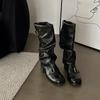 Мода Зимние женские сапоги в стиле панк до колена Модные длинные сапоги с пряжкой на поясе в рыцарском стиле Дизайнерские толстые каблуки Botas De Mujer