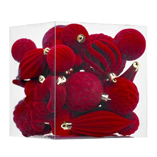 Набор из 28 бархатных елочных украшений: флокированные шары, звезда, елка