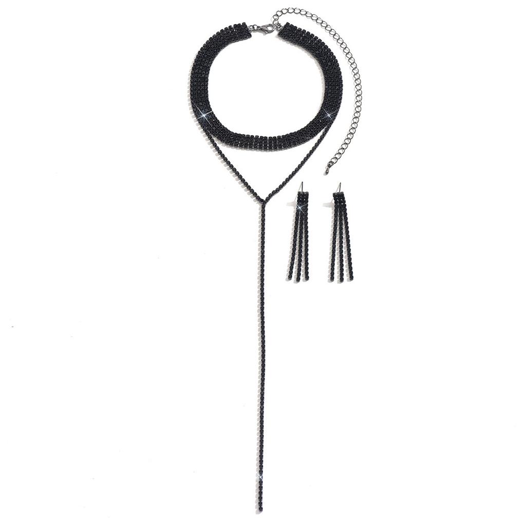 Full Diamond Multi-Layer Neck Chain Simple Long Fringed Necklace Earrings Collarbone Chain