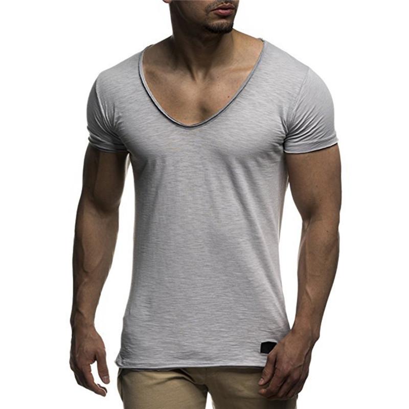 V-Neck Short Sleeve T-shirt Top Slim Muscle Casual T-shirt Men