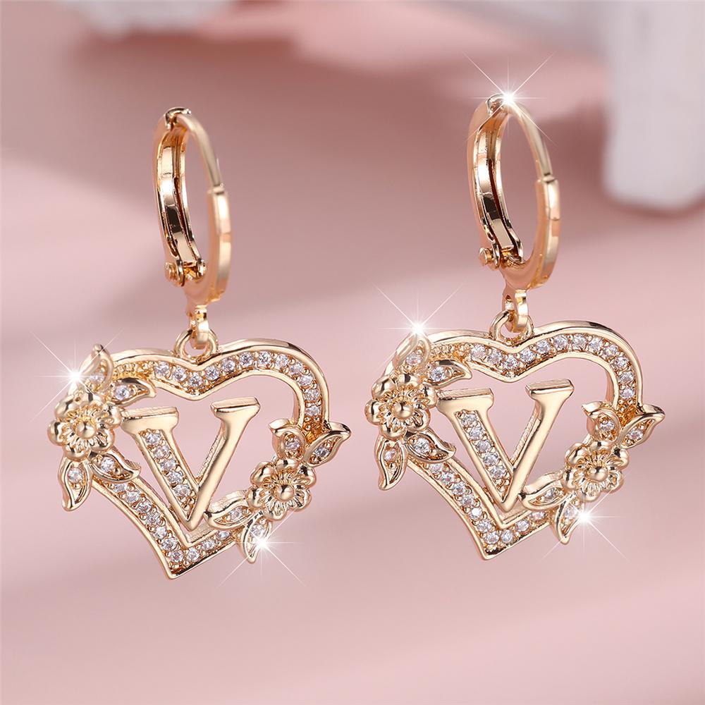 Female A-Z 26 Letter Heart Flower Hoop Earrings Yellow Gold White Zircon Wedding Jewelry For Women