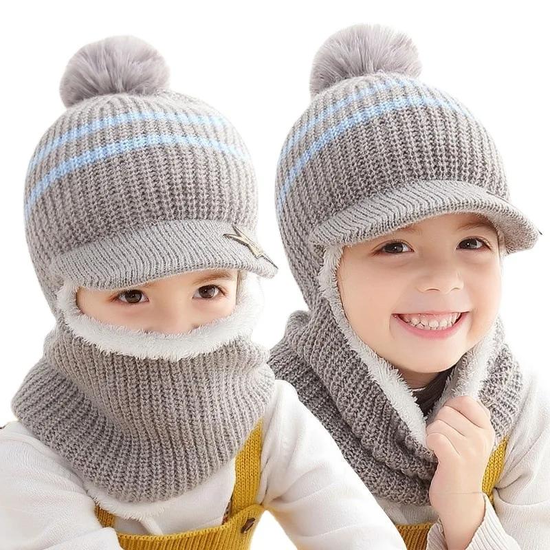 Kids Winter Warm Beanie Caps Plus Fleece Hat Scarf Set Thick Knitted Balaclava Cap for Child Outdoor Face Cover Hairball Masks