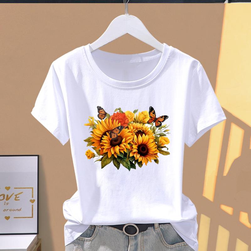 (Азиатский размер) Футболка с графическим принтом, повседневная футболка, женская повседневная футболка с принтом «Любовь, сердце, цветок», тренд, милая женская футболка с коротким рукавом