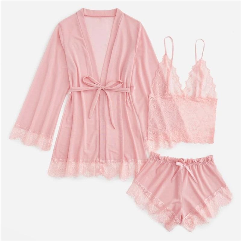 Женский кружевной комплект из 3 предметов для сна: майка и халат, летний пижамный комплект, элегантная ночная одежда для женщин, удобный и стильный халат для сна.