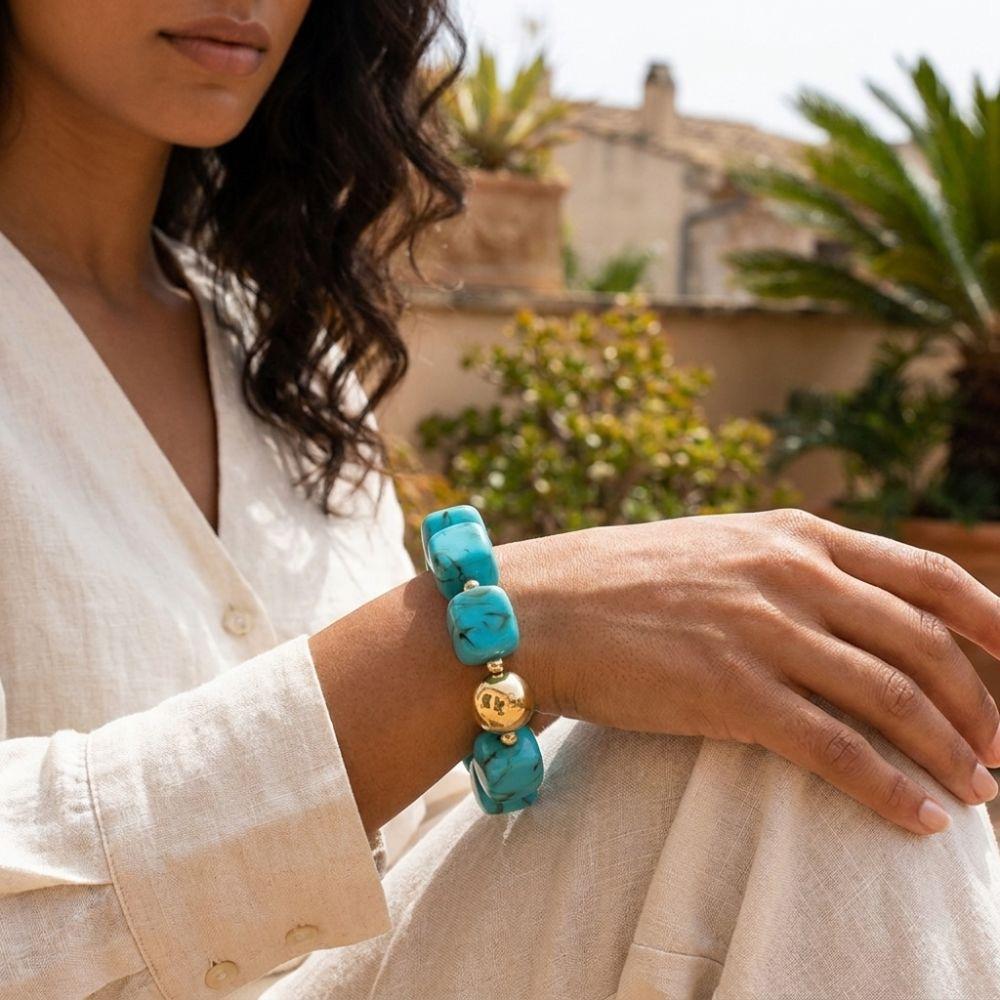 Acrylic Square Beads Bracelet Resin Colorful Elastic Geometric Bracelet Layered Look Exaggerated Stack Hand Chain Daily