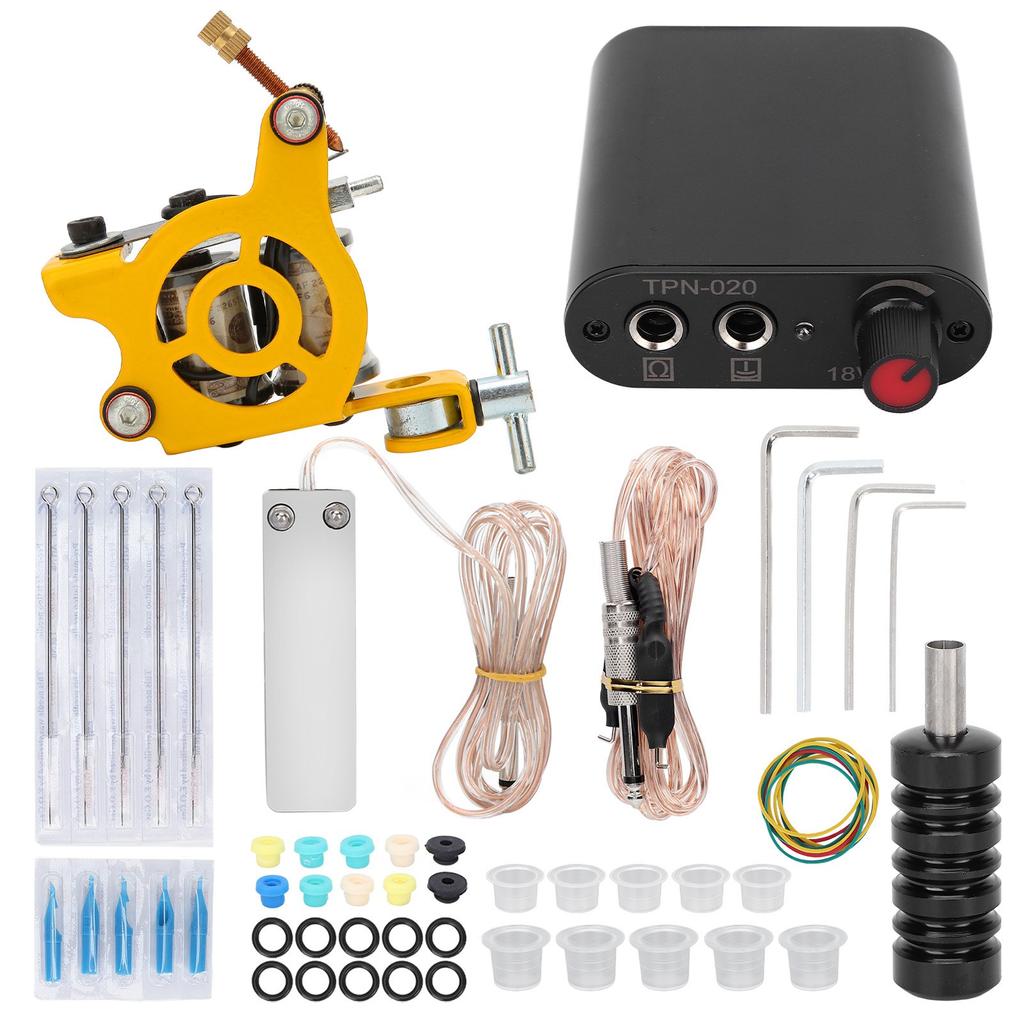 Набор для татуировки с катушкой, блок питания, шнур с зажимом, педаль, игла, чернильный стаканчик, набор для начинающих татуировок