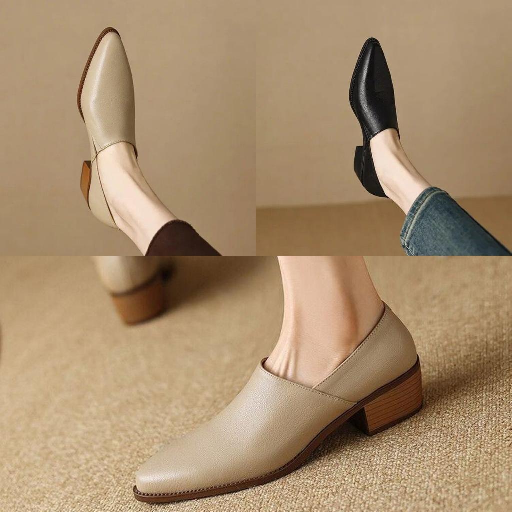 Women's Spring and Autumn Retro Pointed Toe Pedal Soft Leather Loafers All-match Thick-heeled Mid-heel Fashion Single Shoes