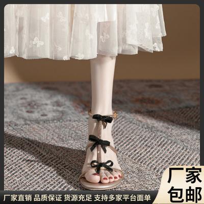 Весенне-летние классические сандалии со стразами, черные, с бантом, в сказочном стиле, римские, на тонком ремешке, с вырезами, туфли принцессы, женские