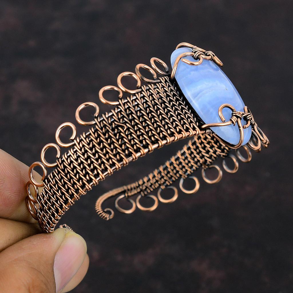 Синий кружевной агатовый браслет-манжета, браслет из медной проволоки, браслет из проволоки ручной работы, регулируемый браслет-манжета, подарок для него, драгоценный камень, медные украшения