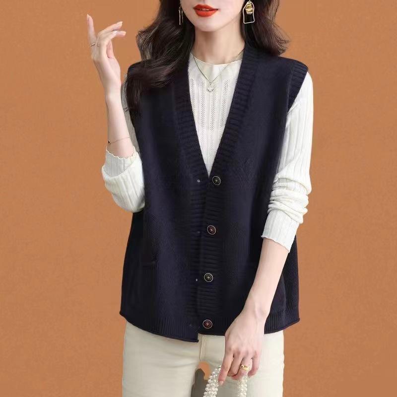 WTEMPO V-образный вырез Вязаные пуговицы Жилеты без рукавов Трикотажные изделия Пальто Женские осенне-зимние однотонные повседневные свитера