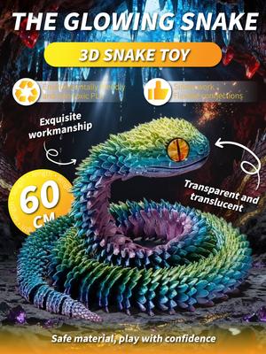 Светящаяся 3D игрушка-змея 60 см: Гибкая полупрозрачная фигурка рептилии из PLA для детей и коллекционеров