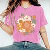 Round-neck Fashionable Pure Cotton Washed and Aged Floral Top T-shirt with Loose Short Sleeves