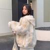 Tri-Color Women's Winter Fox Fur Hooded Jacket - Plush, Ribbed, and Zippered