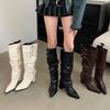 Mi Ting Retro Pointed Spice Girl Style High-heeled Boots for Women's 2025 Autumn and Winter New Two-wear Thick-heeled Pleated Piled Boots
