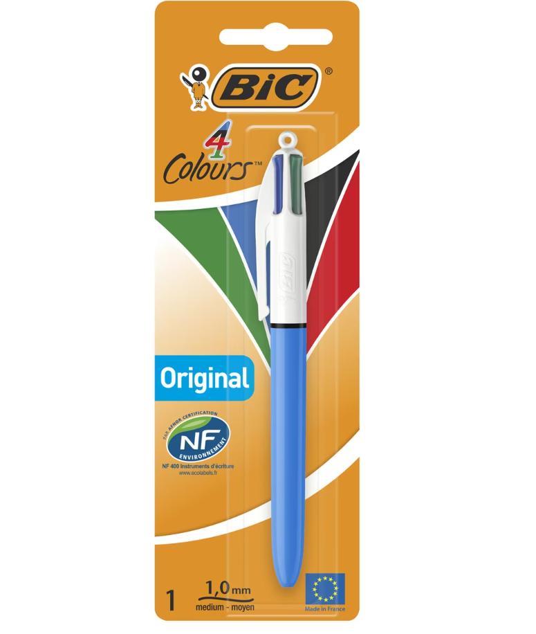 BIC Упаковка из 1 шариковой ручки, 4 цвета, оригинальный BIC, средний наконечник
