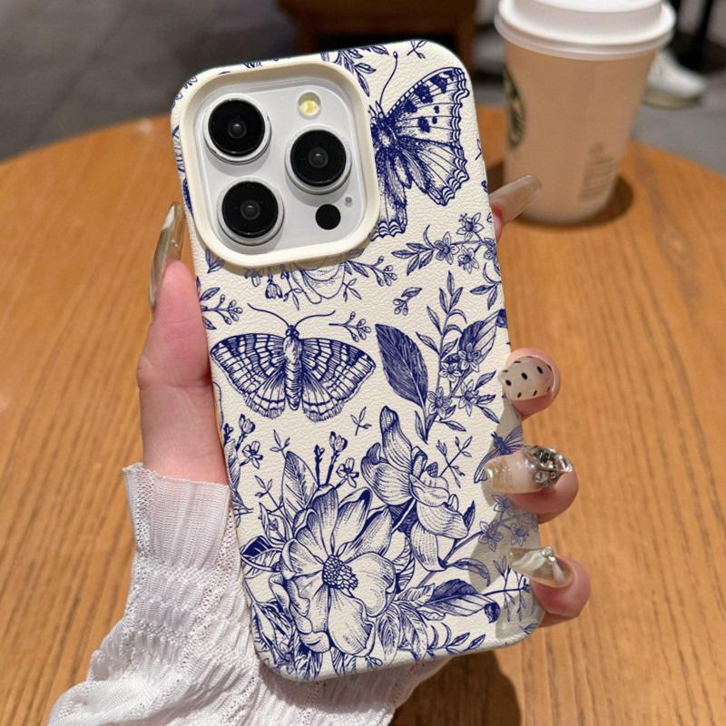 Vintage Blue Butterfly Flower Lichee Pattern Phone Case For iPhone 17 Air 16 Pro Max 15 Plus 13 12 Pro Max X XR XS Soft Cover
