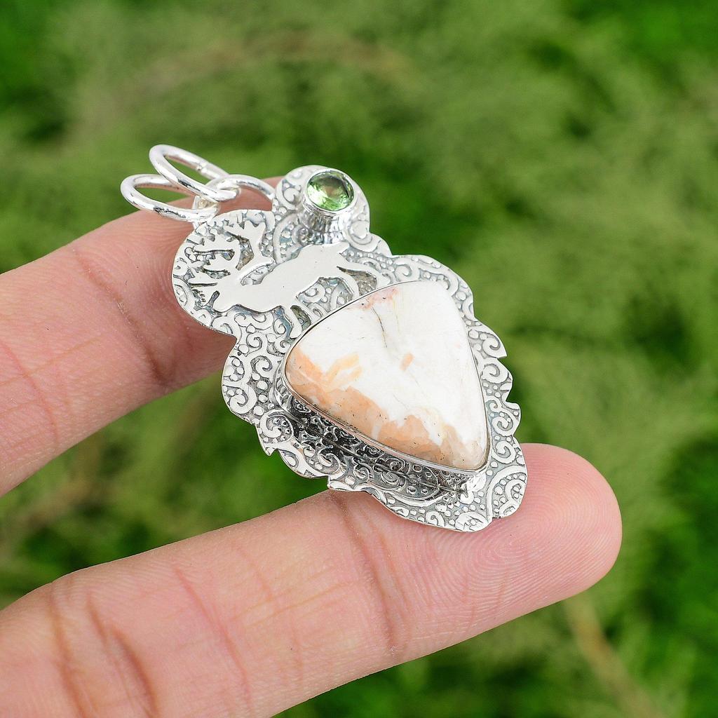 Trillion Scolecite Stone Peridot 925 Sterling Silver Elegant Anniversary Pendant