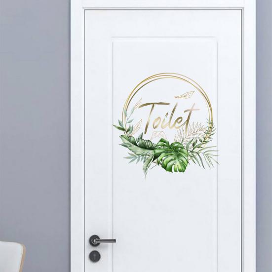 Green Plant Toilet Door Sticker Golden Letter Removable Self-adhesive Waterproof PVC Bathroom Decoration Decal Home Supplies
