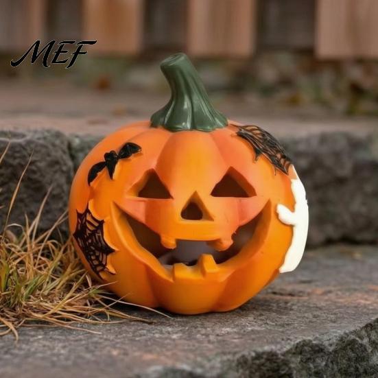 Artificial Pumpkin Decor Spooky Lighted Figurine, Halloween Engraved Light-Up Resin Indoor Autumn Ornament Statue for Tabletop Outdoor Garden Patio