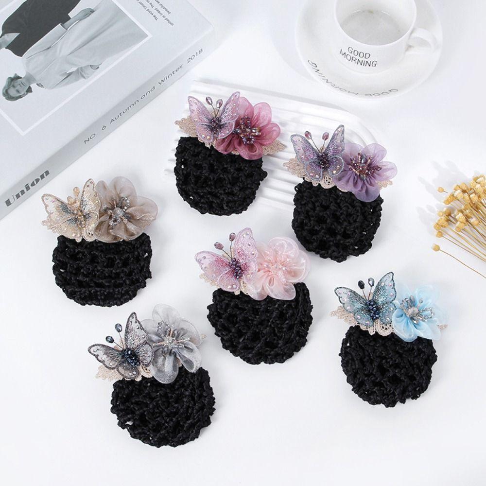 Butterfly Flower Elastic Hair Net Rhinestone Beads Decor Hair Bun Holder Hotel Staff Uniform