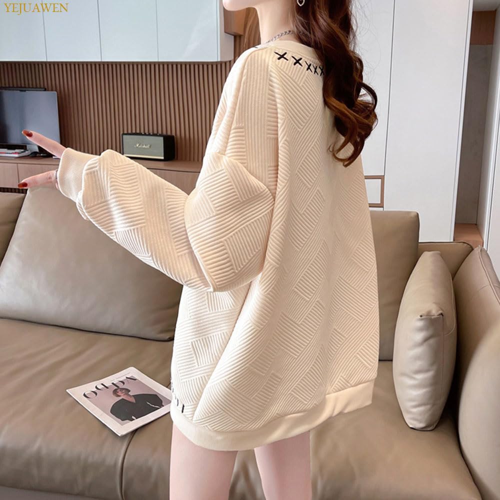 YEJUAWEN Long Round Plus Loose Korean Solid WEN034 Women's Sweatshirt, Sleeve, Neck, Pullover, Embroidered, Sizes, Fit, Style, Casual, Simple, Color,