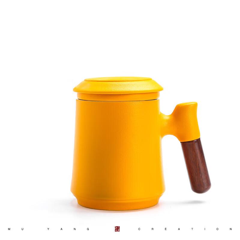 Gradient Yellow Ceramic Tea Infuser Cup with Wooden Handle