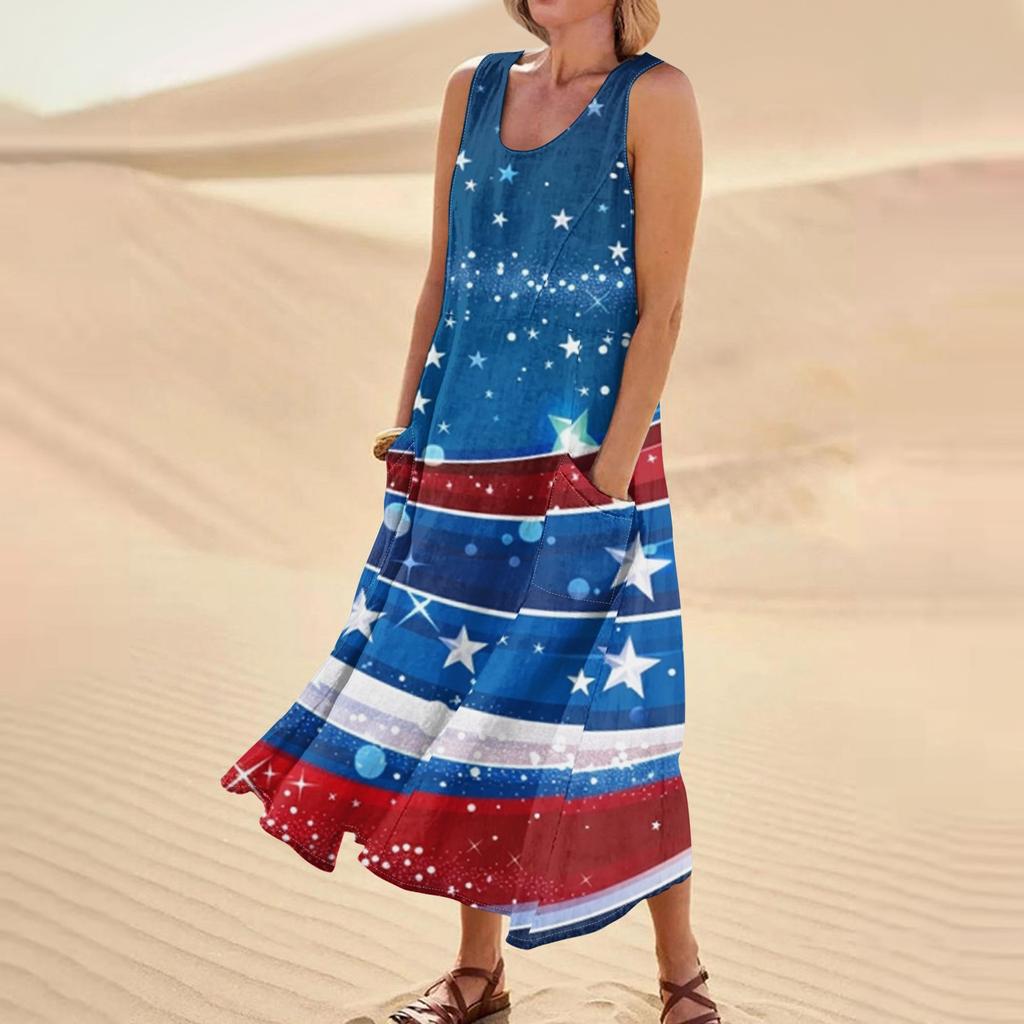 Женское модное повседневное хлопковое льняное платье без рукавов с принтом и карманами