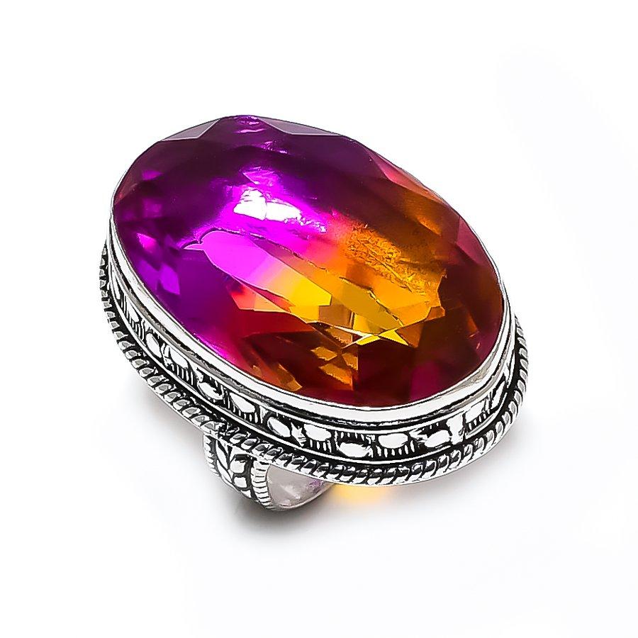 Кольцо из натурального двухцветного турмалина ручной работы из серебра 925 пробы S.8.5 o3P75