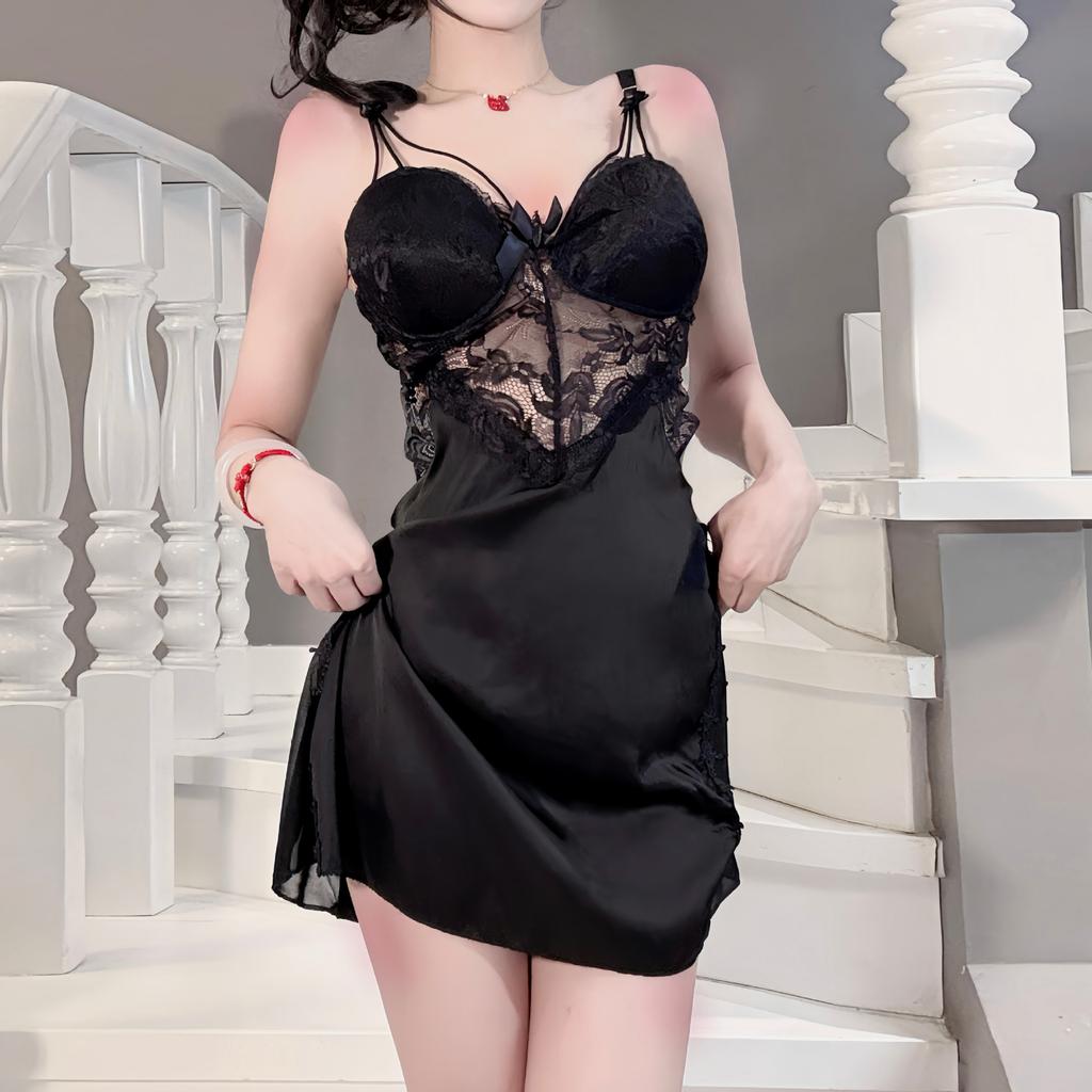 Sex Clothes Suspender Nightdress Lace Hollowed Out Beautiful Back Pajamas Home Nightgown with Chest Pad Lace