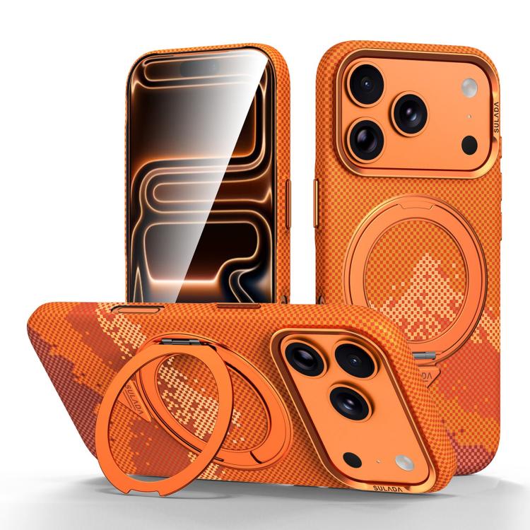 Kevlar Pixel Grid Texture Rotatable Magnetic Holder Phone Case For iPhone Anti‑Scratch Shockproof Hard Protective Cover