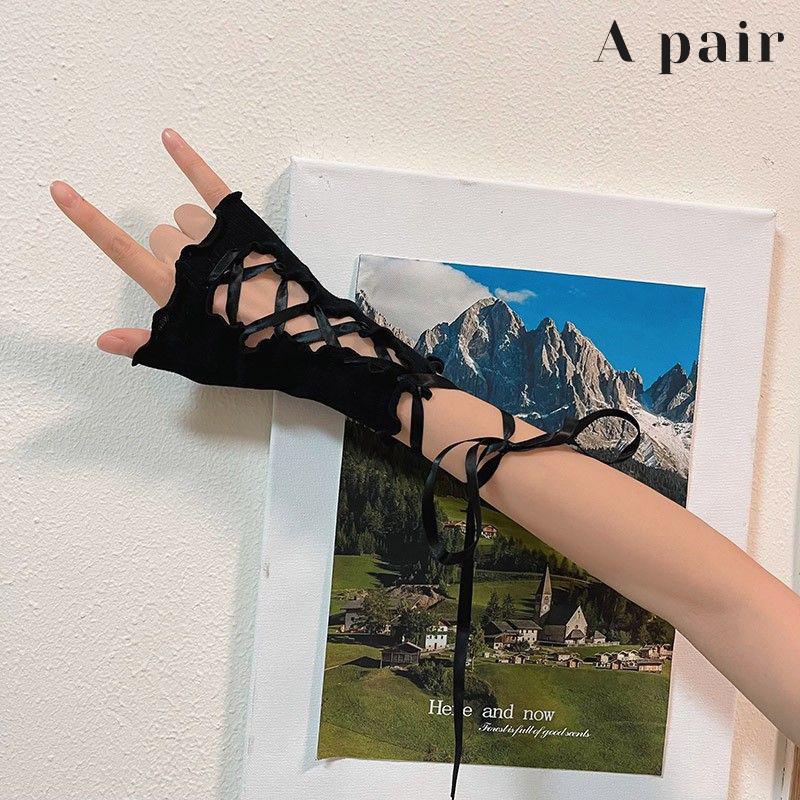 1Pair Lolita Style Diy Gloves Sweet Girl Lace Up Ruffles Arm Sleeve Jk Gothic Fingerless Glove For Women Halloween Accessories