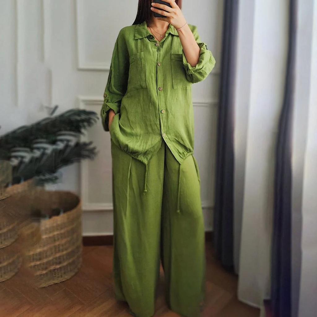 Женский повседневный однотонный костюм с длинным рукавом из хлопка и льна с брюками