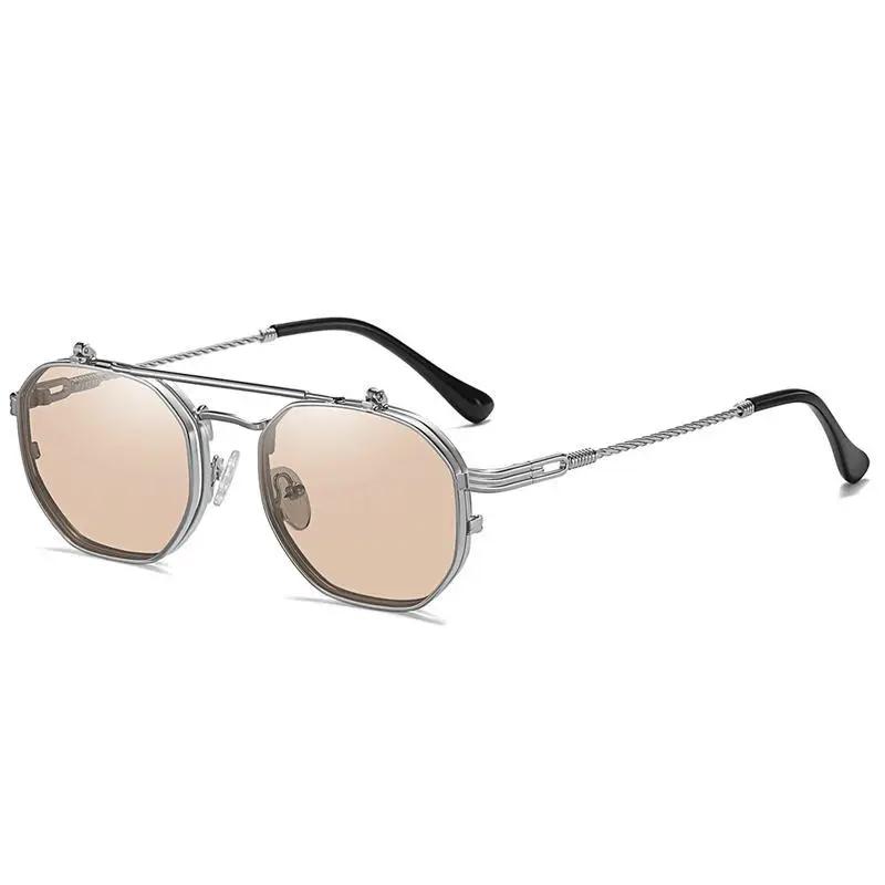 Vintage Steampunk Flip Pilot Sunglasses Retro Polygon Metal Sun Glasses For Men And Women Brand Designer Circle