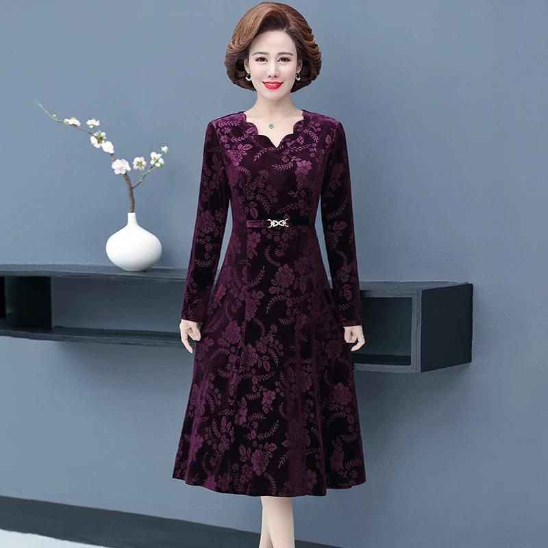 Women Spring Autumn Midi Dress O-neck Long Sleeve Pockets Design Printing Loose Fit Elegant Dress Streetwear