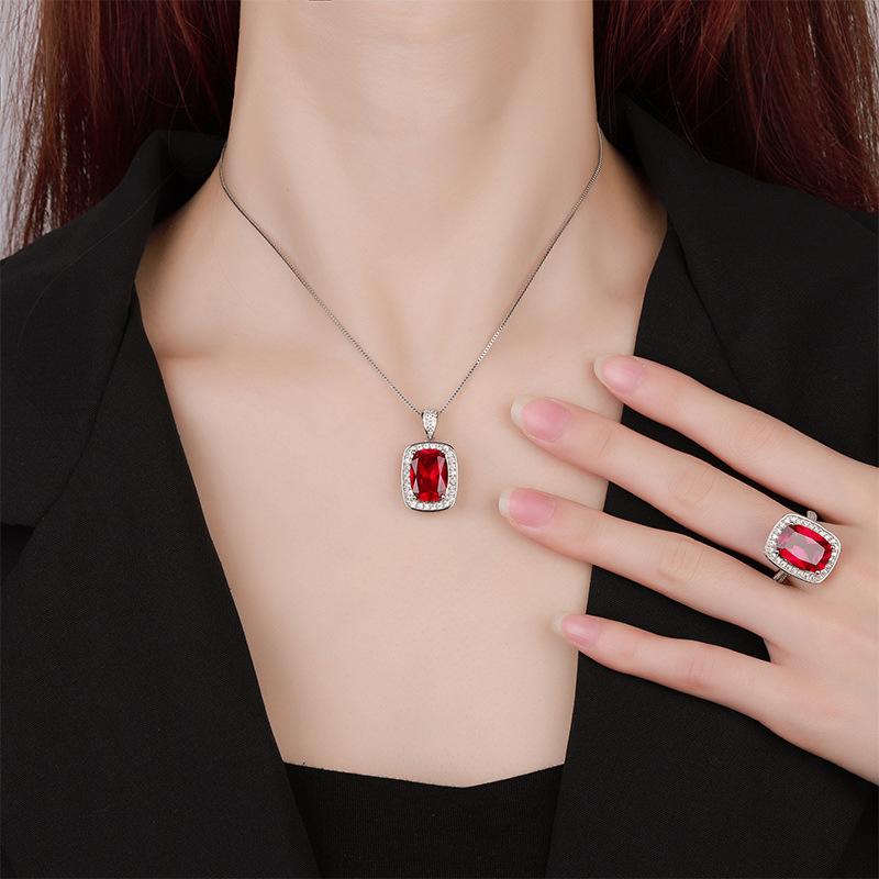 Jewelry Copper Bottom Gold-Plated Simulation Red Corundum Blue Spinel Temperament Fat Square Women'S Set 10 * 14