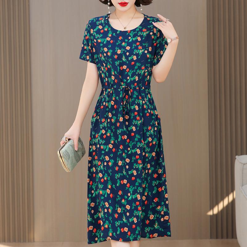 Plus Size Casual Summer Women's Dresses Elegant Slim Short Sleeve Vintage Print Long Dress Female Summer Clothes